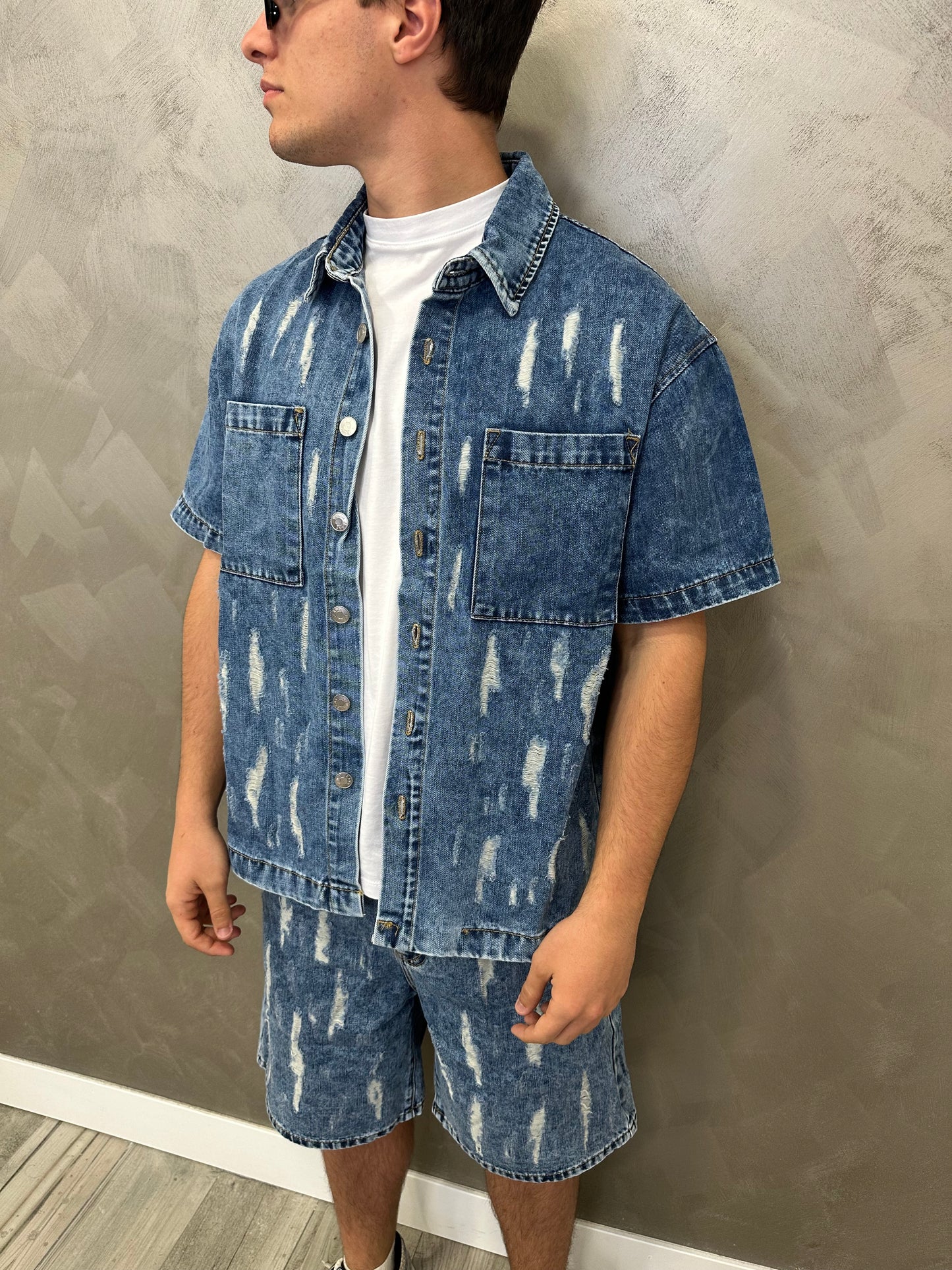 Completo jeans destroyed denim blue