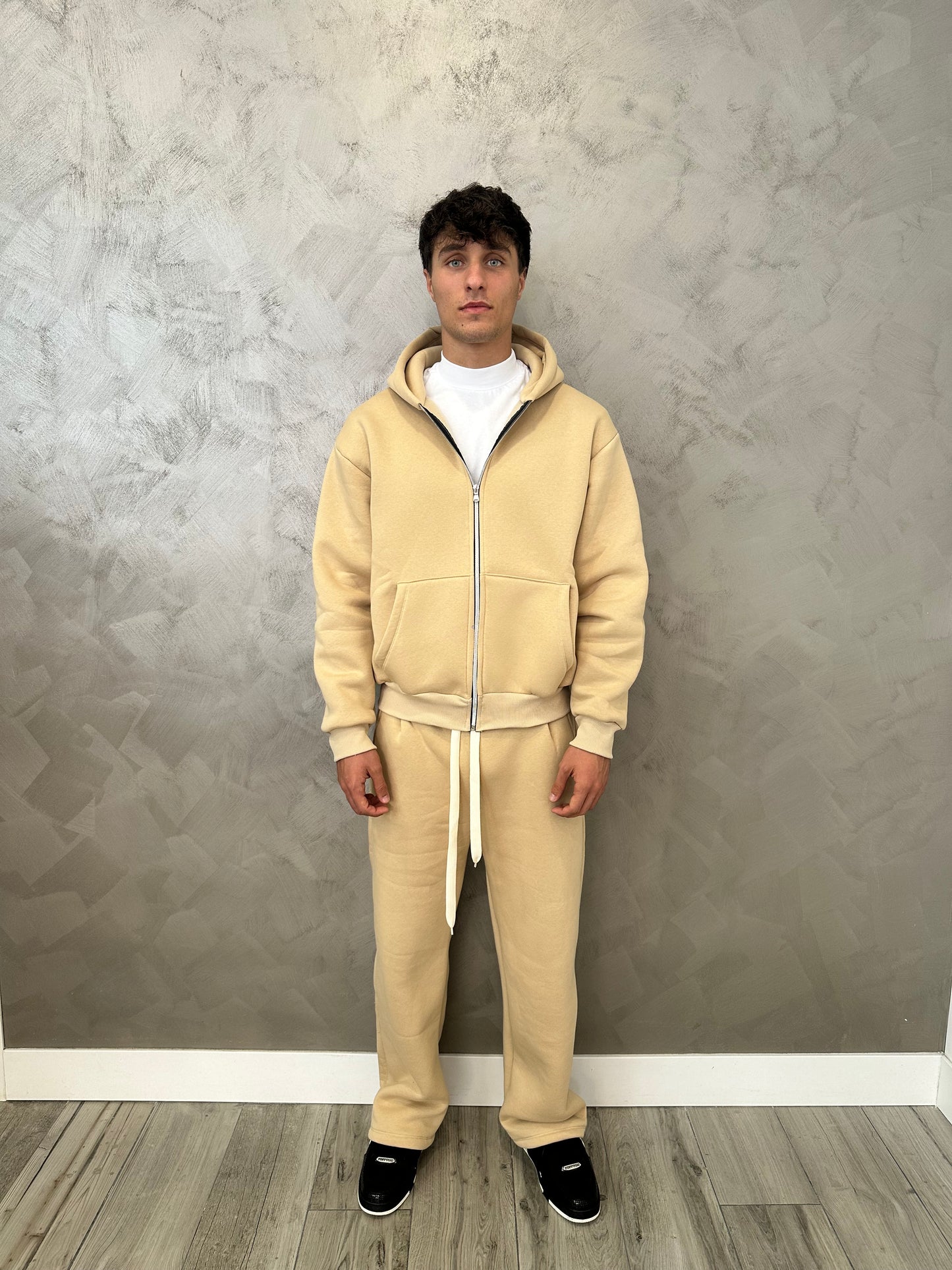 Tuta hoodie zip beige